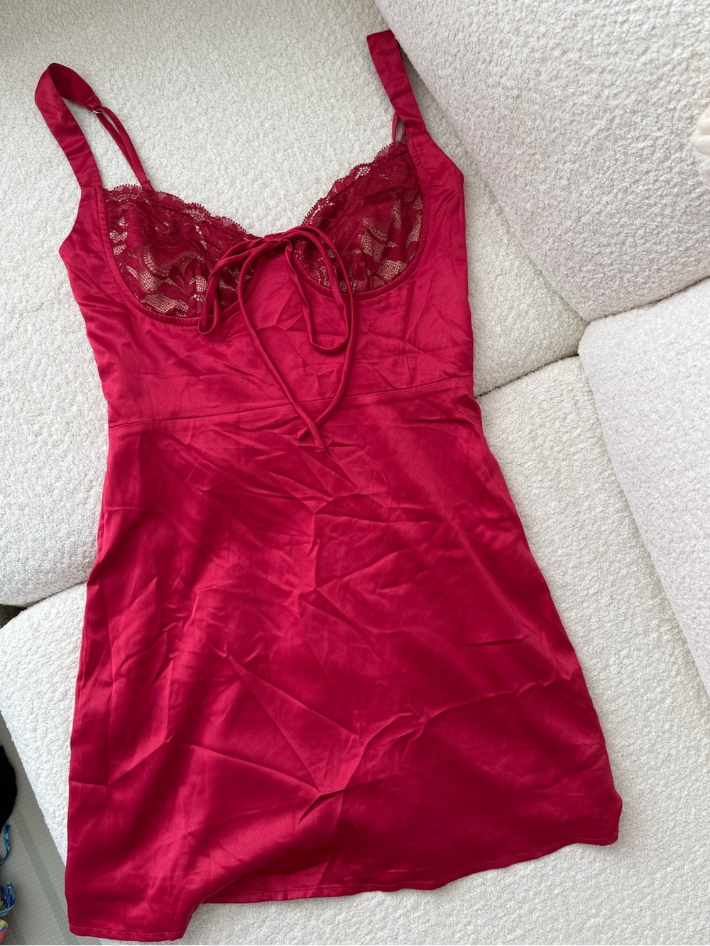 Red Lace-Trim Satin Slip Dress with Tie-Front
